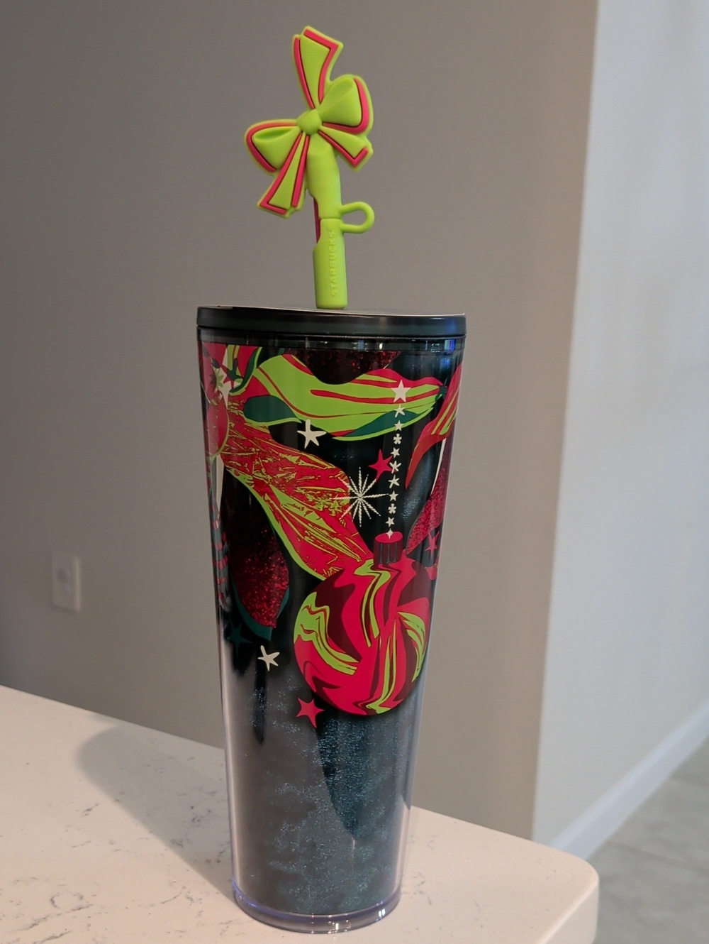 Starbucks Green & Pink Holiday Ornament Tumbler with Bow Straw